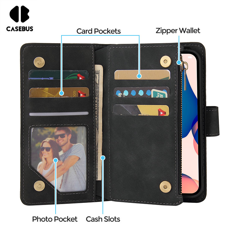 Casebus iPhone Xs Max Wallet Case - 9 Card Slots - Zipper Pocket - Black - Wallet Case - Classic