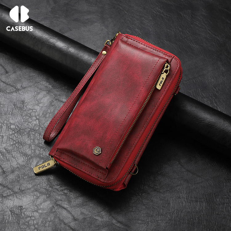 POLA iPhone 11 Detachable Zipper Leather Wallet Case with Wrist Strap Red