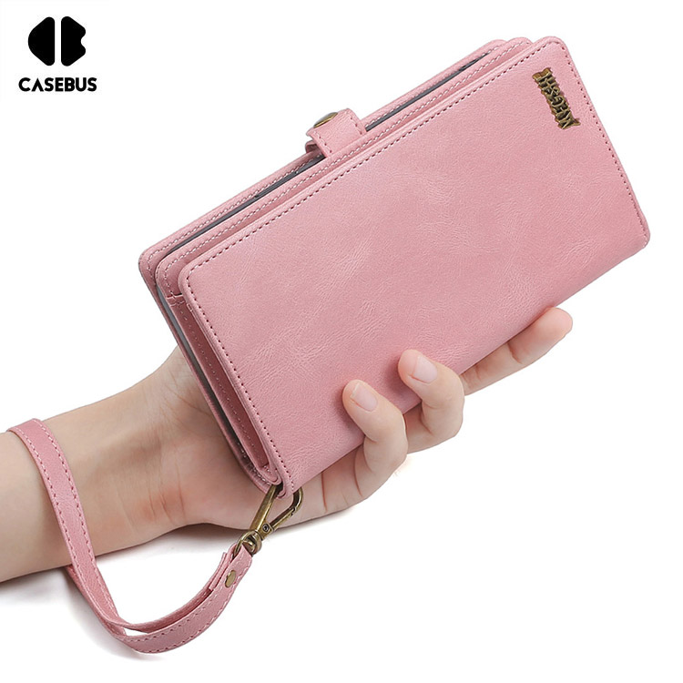 Casebus iPhone 13 Wristlet Wallet Phone Case - Clutch Zipper Leather Pouch - Card Holder - Magnetic Detachable - Brown
