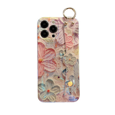 iPhone 15 Pro Case - Heavy Duty Phone Case - Casebus Fashion Floral Phone Case, Oil Painting Flower Pattern, with Wrist Strap Kickstand, Shockproof Protective Cover - DESTINEE