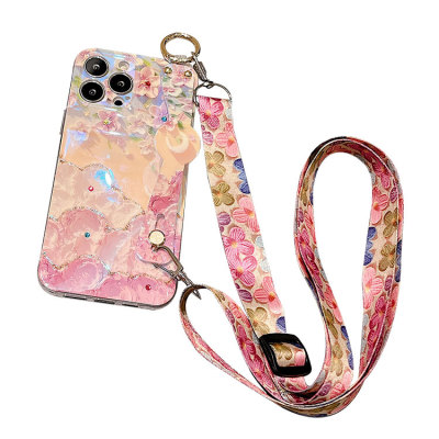 iPhone 12 Case - Heavy Duty Crossbody Phone Case - Casebus Fashion Flower Phone Case, Rhinestone Oil Painting Floral Design, with Crossbody Lanyard & Wrist Strap - ARIELLE