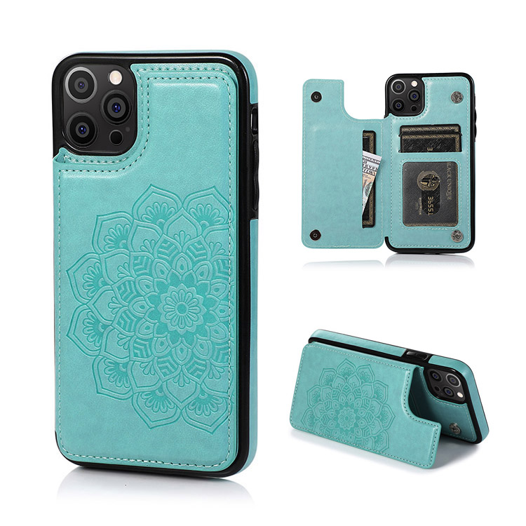 For Iphone 14 Plus Luxury Side Magnetic Button Card Id Holder Pu Leather  Case Cover - Teal Mandala Flower