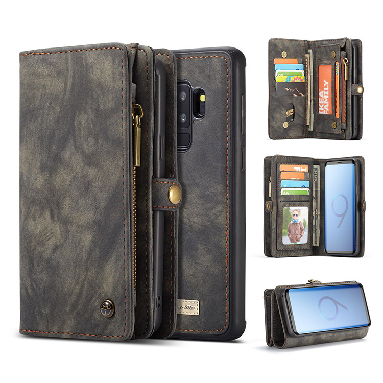 Casebus Samsung Galaxy S9 Plus Case Wallet Leather - Magnetic Closure - Flip Folio - Zipper Card Slots - Black - Wallet Cover