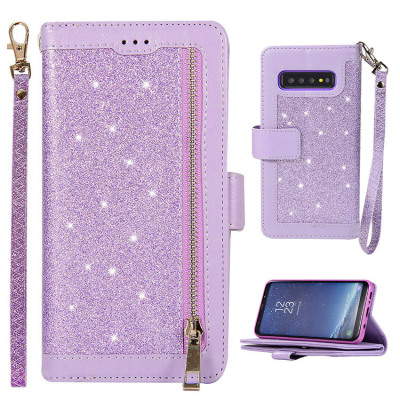 Samsung Galaxy S10 Plus Case - Folio Flip Wallet Phone Case - Casebus Glitter Bling 9 Cards Slots Wallet Phone Case, Leather Flip, Zipper, Kickstand, Protective Case - PEABODY