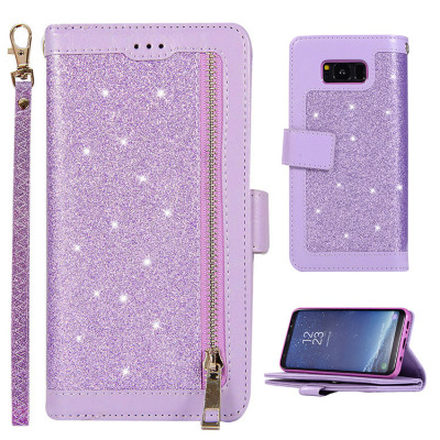 Samsung Galaxy S8 Case - Folio Flip Wallet Phone Case - Casebus Glitter Bling 9 Cards Slots Wallet Phone Case, Leather Flip, Zipper, Kickstand, Protective Case - PEABODY