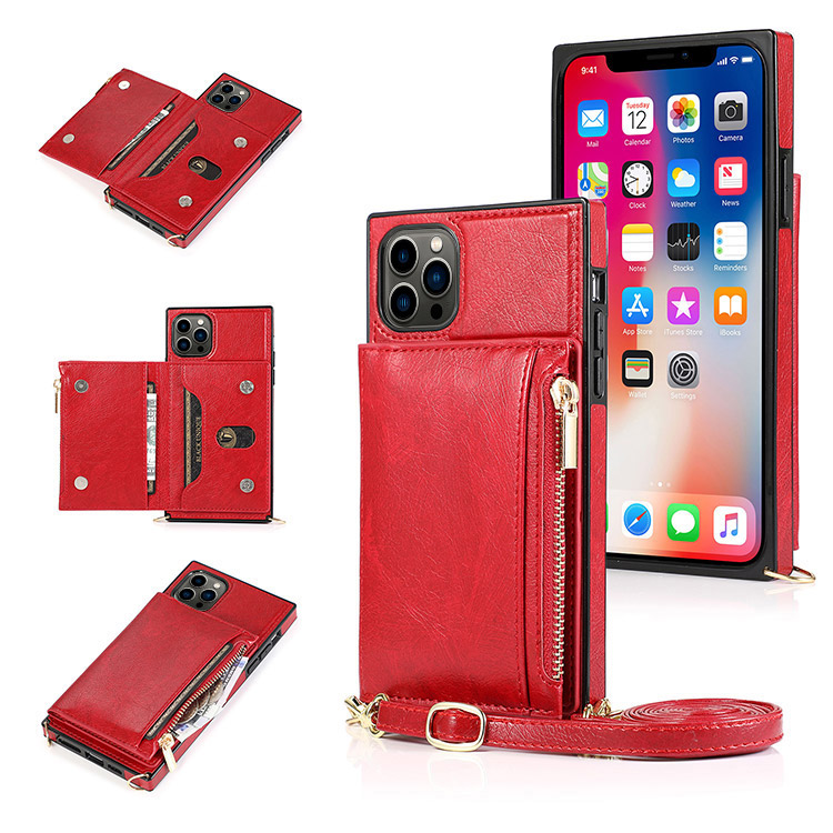 Casebus iPhone 14 Plus Wallet Case with Credit Card Holder - Crossbody Strap - Red - Wallet Case - Classic Square