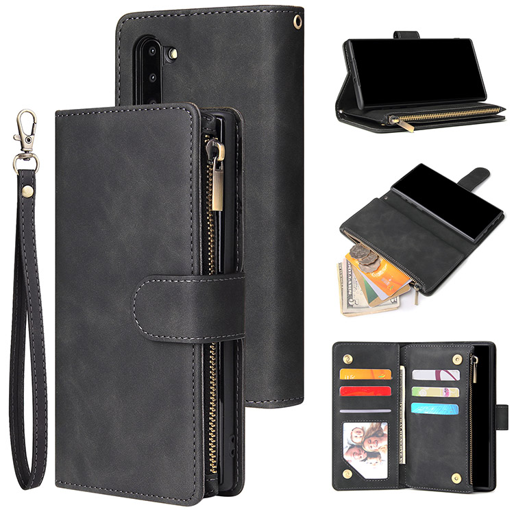 Casebus Samsung Galaxy A14 5G Wallet Case - Credit Card Holder - Folio Flip Zipper - Wrist Strap - Black - Wallet Case - Classic Retro