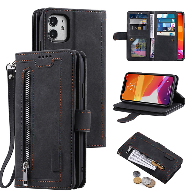 Casebus Samsung Galaxy A14 5G Wallet Case - Credit Card Holder - Folio Flip Zipper - Wrist Strap - Black - Wallet Case - Classic Retro