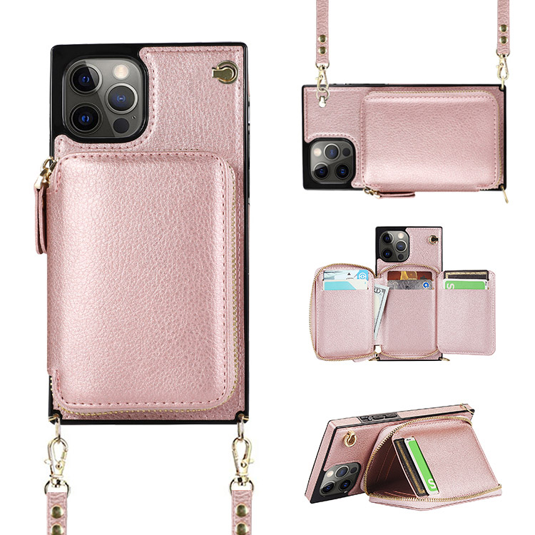 Casebus iPhone 15 Plus Wallet Case - Crossbody - Credit Card Holder - Zipper - Wrist Strap - Pink - Wallet Case - Classic