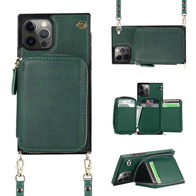 Casebus iPhone 12 Wallet Case - Crossbody - Credit Card Holder - Zipper - Wrist Strap - Green - Wallet Case - Classic