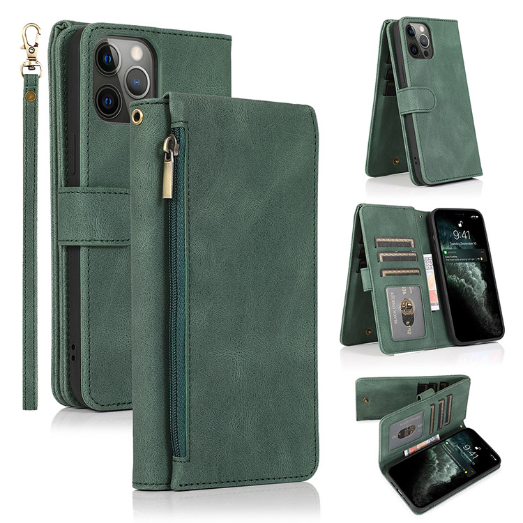 Folio Flip Wallet Phone Case - Casebus Multi Card Zipper Wallet Phone Case,  7 Card Slots Cash Pocket Kickstand Strap Leather Folio Flip Magnetic Cover  - SALUD - Casebus