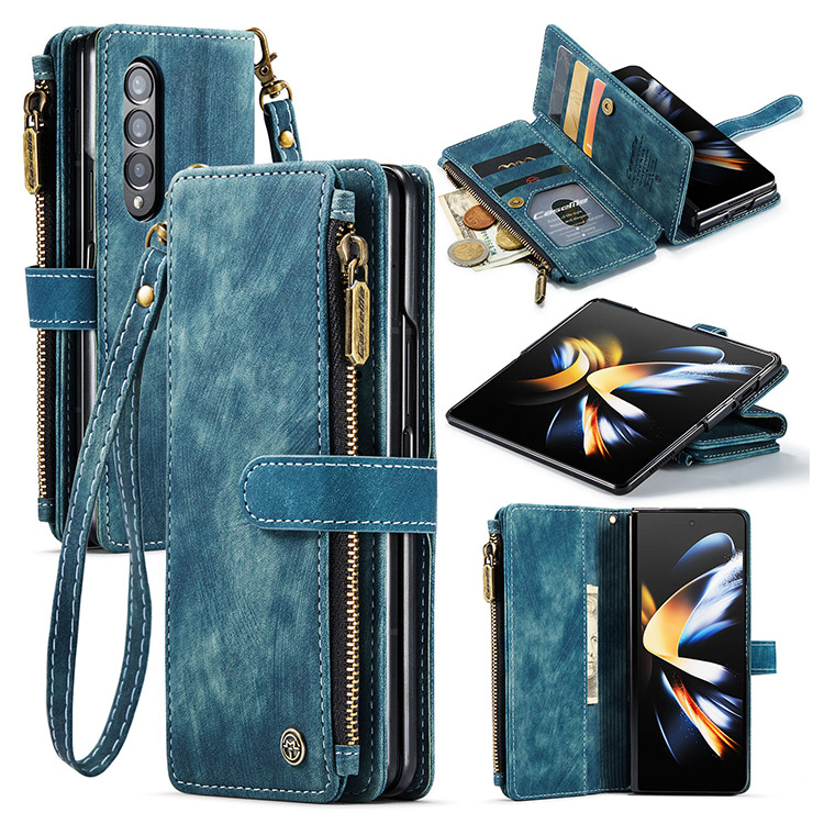 CaseMe Samsung Galaxy Z Fold3 5G Vintage Leather Zipper Folio Wallet Case  with Wrist Strap Blue