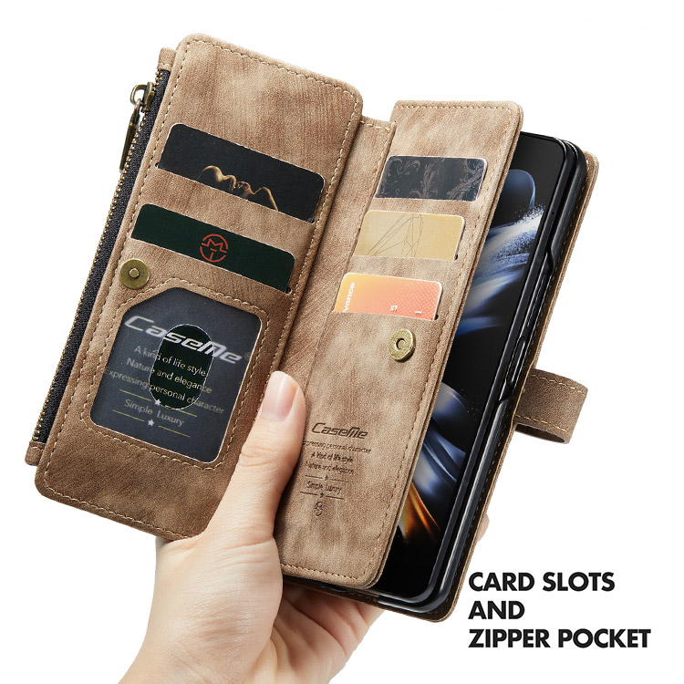 CaseMe Samsung Galaxy Z Fold4 5G Vintage Leather Zipper Folio Wallet Case  with Wrist Strap Brown