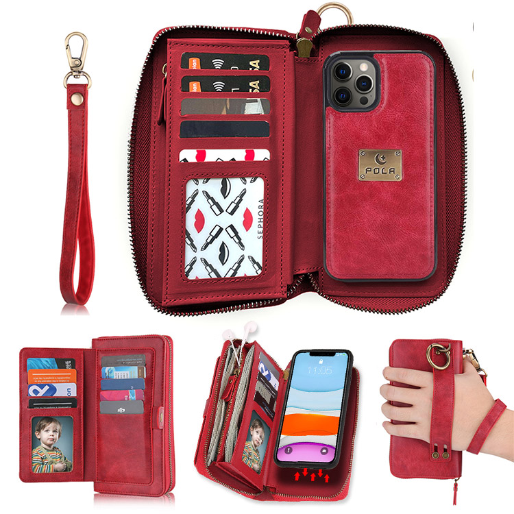 POLA iPhone 13 Pro Max Detachable Zipper Leather Wallet Case with Wrist  Strap Red