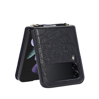 iPhone 12 Case - Wallet Phone Case - Casebus Crossbody Case for Galaxy Z Flip 3, With Premium Leather Luxury Mandala Flower Pattern Lanyard Slim Cover - YOANNA