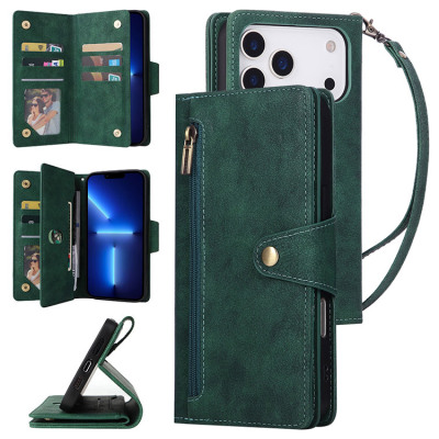 iPhone 13 Pro Max Case - Folio Flip Wallet Phone Case - Casebus Multi Card Zipper Wallet Phone Case, 7 Card Slots Cash Pocket Kickstand Strap Leather Folio Flip Magnetic Cover - SALUD