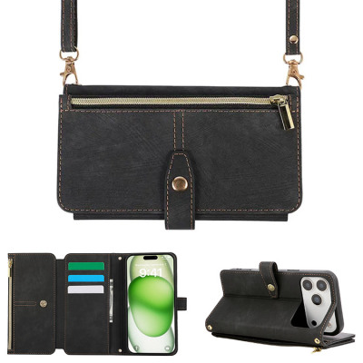 iPhone 17 Pro Max Case - Crossbody Wallet Phone Case - Casebus Flip Crossbody Wallet Phone Case, With 9 Card Slots Zipper Pocket Retro Leather Hand Strap Kickstand Magnetic Closure Shockproof Cover - YOANA