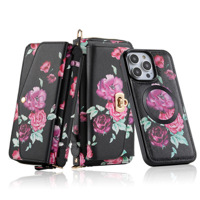 iPhone 14 Case - Detachable Folio Flip Crossbody Wallet Phone Case - 14 Card Slots 3 Purse 1 Zipper, Floral Pattern, Wireless Charging Support - MARNI