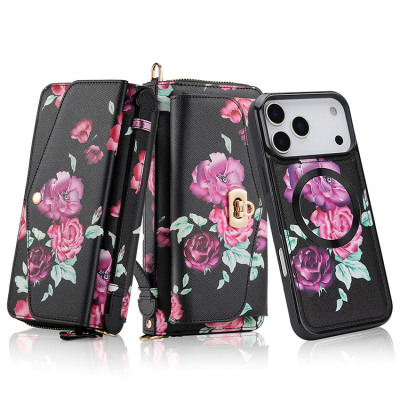 iPhone 17 Pro Max Case - Detachable Folio Flip Crossbody Wallet Phone Case - Casebus Classic Wallet Phone Case, 14 Card Slots 3 Purse 1 Zipper, Floral Pattern, Wireless Charging Support, Detachable - MARNI