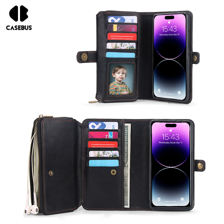 Casebus iPhone 13 Wristlet Wallet Phone Case - Clutch Zipper Leather Pouch - Card Holder - Magnetic Detachable - Brown