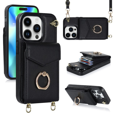 iPhone 15 Pro Case - Crossbody Wallet Phone Case - Casebus Crossbody Wallet Phone Case, with Rotation Ring, Wrist Strap Lanyard, Leather, Card Holder, Magnetic Clasp, RFID Blocking Kickstand Cover - HANNAH