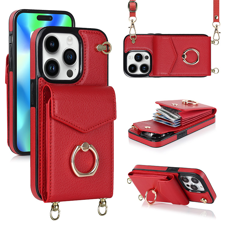 Casebus iPhone 13 Pro Wallet Case - Credit Card Holder - Crossbody - Wrist Strap - Rotation Ring - RFID Blocking - Red