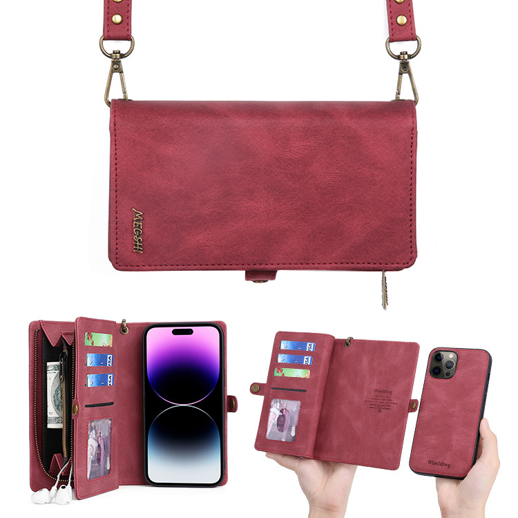 Casebus iPhone 14 Pro Wallet Case - Crossbody - Creidt Card Slots - Lanyard - Ring Holder - Wristlet Strap - Red