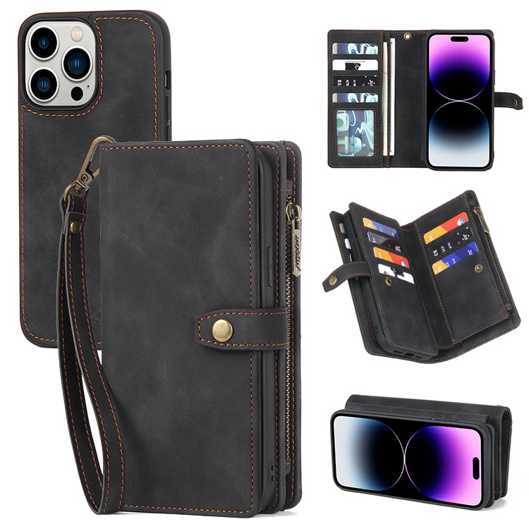 Casebus iPhone 12 Pro Max Case Wallet Leather - Magnetic Closure - Flip Folio - Zipper Card Slots - Black - Wallet Cover