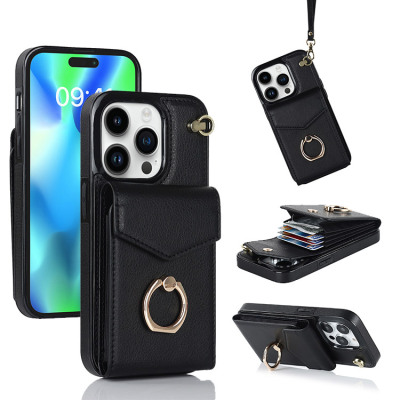 iPhone 15 Pro Max Case - Wallet Phone Case - Casebus 360° Rotation Ring Wallet Case, with Card Slots & Wrist Strap - BETHANY