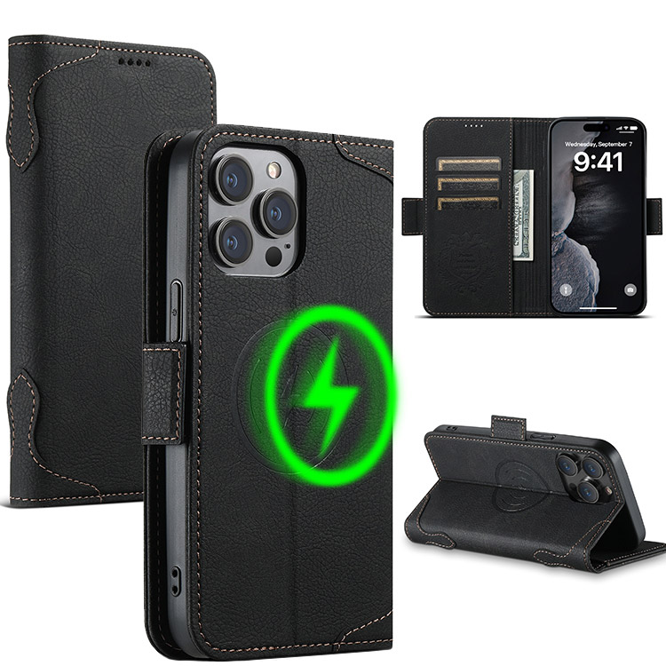 MagSafe Leather Flip Wallet Case For IPhone 14/13/12 Series - Kickstand Card Slot - Qi Wireless Charging