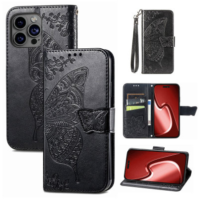 iPhone 16 Case - Wallet Folio Flip Crossbody Phone Case - Casebus Wallet Flip Phone Case, Emboss Butterfly Flower, Leather Protective Cover, with Wrist Strap & Crossbody Strap - MAISIE