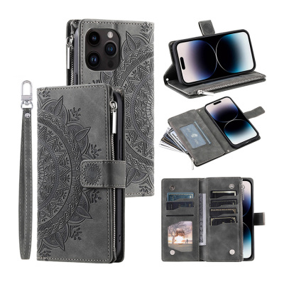 Samsung Galaxy S23 Ultra Case - Crossbody Wallet Folio Flip Phone Case - Casebus Flip Wallet Phone Case, Leather, Mandala Floral Embosssed Design, Magnetic Folio Zipper Card Holder, with Shoulder Strap & Wrist Strap - ODDRUN