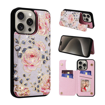 iPhone 15 Pro Case - Wallet Folio Flip Phone Case - Casebus Wallet Phone Case, Leather, Flower Pattern Design, Magnetic Clasp Card Holder Shockproof Cover - ODILON