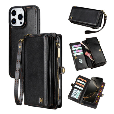 iPhone 16 Pro Max Case - Wallet Folio Flip Detachable Phone Case - Casebus Detachable Wallet Phone Case, Magnetic Flip Zipper Cover, with Credit Card Holder & Wrist Strap - MONICA