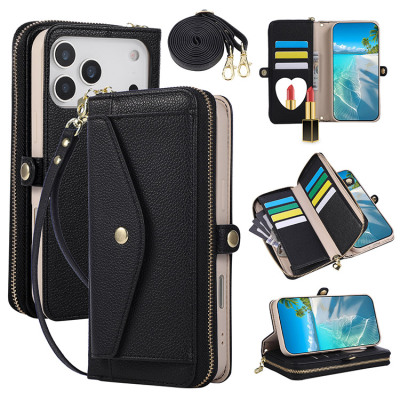 Samsung Galaxy A14 5G Case - Wallet Folio Flip Crossbody Phone Case - Casebus Crossbody Zipper Flip Wallet Phone Case, Credit Card Holder, Built in Makeup Mirror, with Wristband - NAOMI