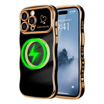 iPhone 14 Plus Case - Heavy Duty Phone Case - Casebus Luxury Plating Phone Case, Support Magsafe, Love Heart Wave Frame Curly Shape, Shockproof Protective Cover - EVELYN