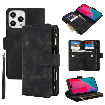 iPhone 13 Pro Max Case - Wallet Folio Flip Phone Case - Casebus Zipper Flip Wallet Phone Case, Premium Leather, Magnetic Closure, with Card Slots & Detachable Lanyard Strap - BETTY