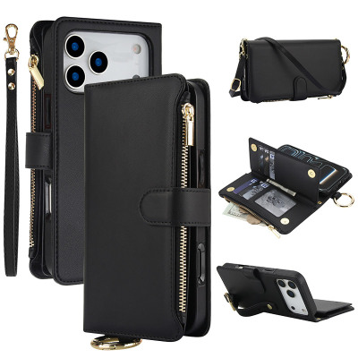 iPhone 13 Pro Max Case - Wallet Folio Flip Crossbody Phone Case - Casebus Crossbody Wallet Phone Case, Multi Function Stylish Ring Zipper Purse Cover, with Card Slots & Wrist Strap - DARLENE