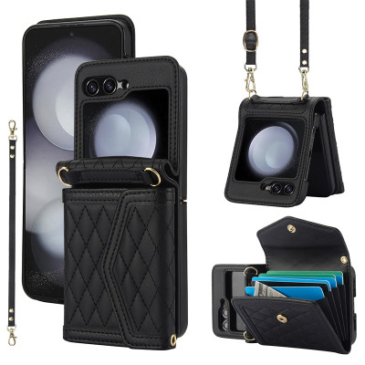 Samsung Galaxy Z Flip 5 Case - Wallet Folio Flip Crossbody Phone Case - Casebus Crossbody Flip Wallet Phone Case, Magnetic Closure, with RFID Blocking Credit Card Holder Slot & Wristband - EARTHA