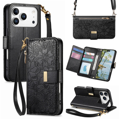 iPhone 13 Pro Max Case - Wallet Folio Flip Crossbody Phone Case - Casebus Crossbody Wallet Phone Case, Zipper Flip Folio Leather Cover, with Card Slot Holder & Wrist Band - BESS
