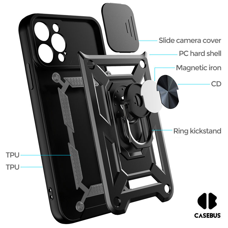For iPhone 13 14 15 Pro Max Case Shockproof Camera Lens Slide Ring Stand  Cover