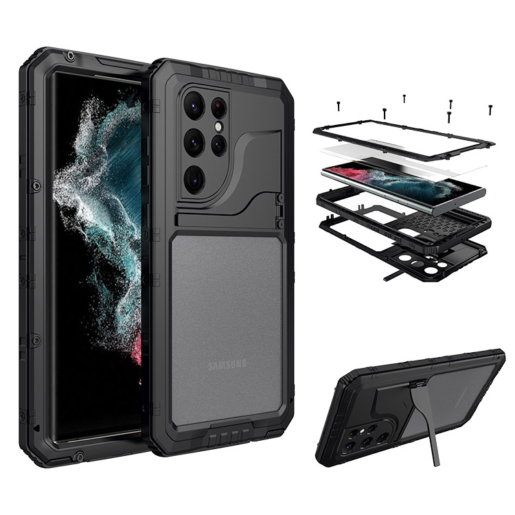 Casebus Samsung Galaxy S22 Ultra Waterproof Case with Built in Screen Protector - Metal Heavy Duty - Full Body Protective - Black - Defender Cover