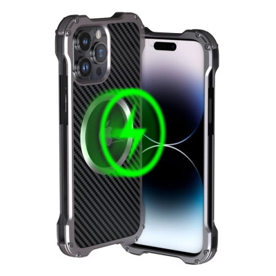Heavy Duty Phone Case - Casebus Classic Metal Carbon Fiber Phone Case, with Camera Lens Protector Film, Support Magsafe & Wireless Charger, Aluminum Alloy, Hollow Heat Dissipation, Shockproof Back Cover - OTHNI