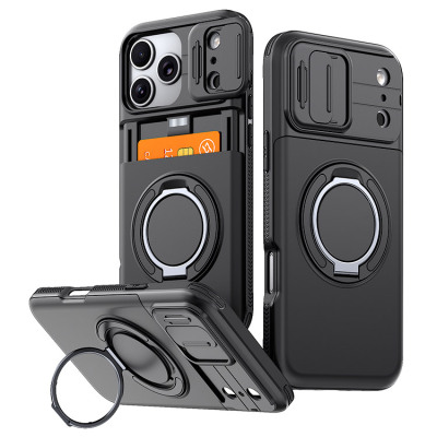 iPhone 13 Pro Max Case - Heavy Duty Wallet Phone Case - Casebus Heavy Duty Wallet Phone Case, Hidden Card Slot, 360 Rotating Ring Kickstand, Sliding Camera Cover - ARTHUR