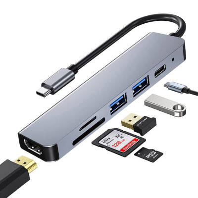 USB C Hub 6 in 1 for iPhone 14 Plus - Classic USB 3.0 *1 & USB 2.0 *1 & SD *1 & TF *1 & USB-C *1 & 4K@30Hz HDMI *1