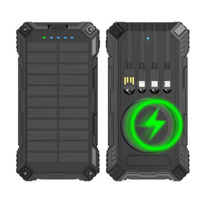 WIRELESS SOLAR POWER BANK WITH FOUR CABLES for Samsung Galaxy S24 Plus - Casebus Portable Wireless Solar Charger, 20000mAh Power Bank, with Built-in 4 Charging Cables & Flashlight