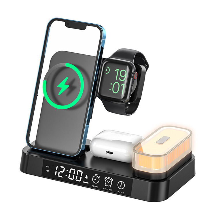 Casebus 5 in 1 Wireless Charger 23W Foldable Wireless Charging Station for iPhone Samsung Galaxy Google Pixel etc for iWatch for AirPods with Multi Colored Night Light Alarm Clock 5